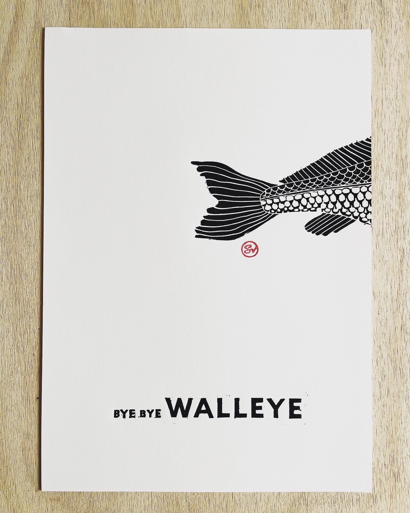 Original linocut - Bye Bye Walleye